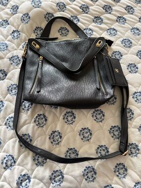 Jessica Simpson Black Leather Shoulder Bag with Gold Hardware